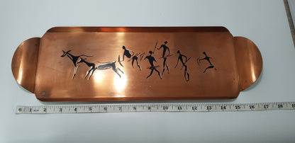 Vintage. Rhodesia Copper Serving Tray - Stylised Hunt Scene 44cm x 14cm