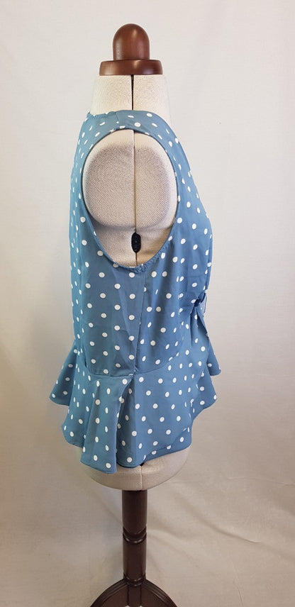 Coast Ladies Blue & White Spotty Vest Top with Twist Wrap at the front. Size L BNWT