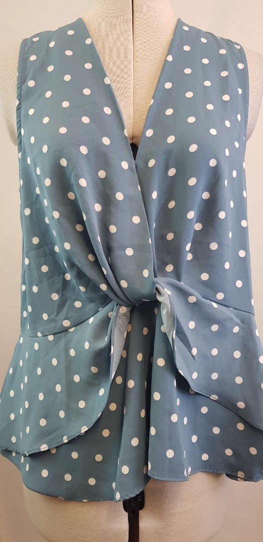 Coast Ladies Blue & White Spotty Vest Top with Twist Wrap at the front. Size L BNWT