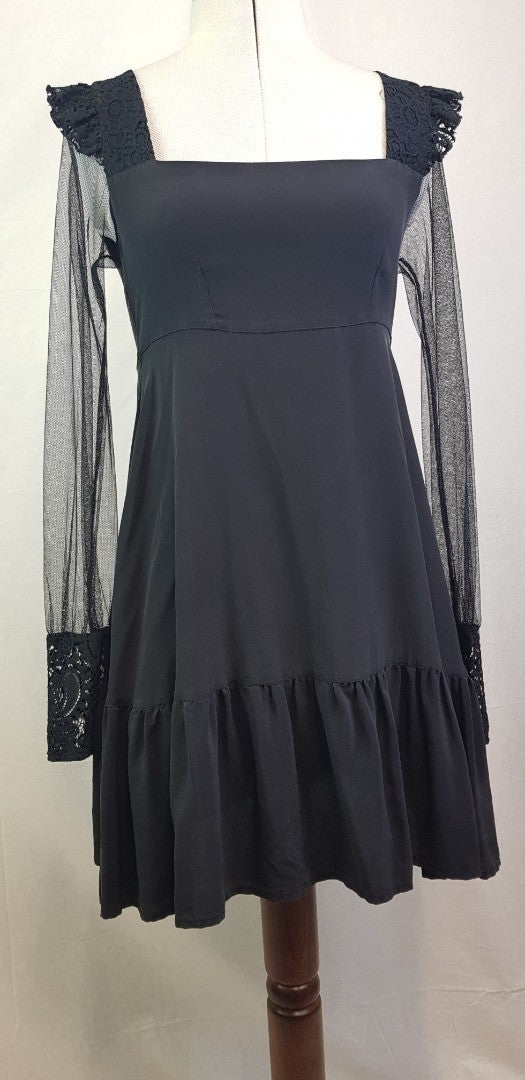 For Love & Lemons 100% Silk Black Lace Sleeved Dress Size S VGC