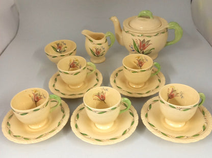 New Hall-Ceramic Tea Set-Romney-Pink Tulip-Tea Pot/Milk/Sugar/5 Cups & Saucers