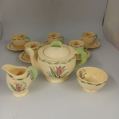 New Hall-Ceramic Tea Set-Romney-Pink Tulip-Tea Pot/Milk/Sugar/5 Cups & Saucers