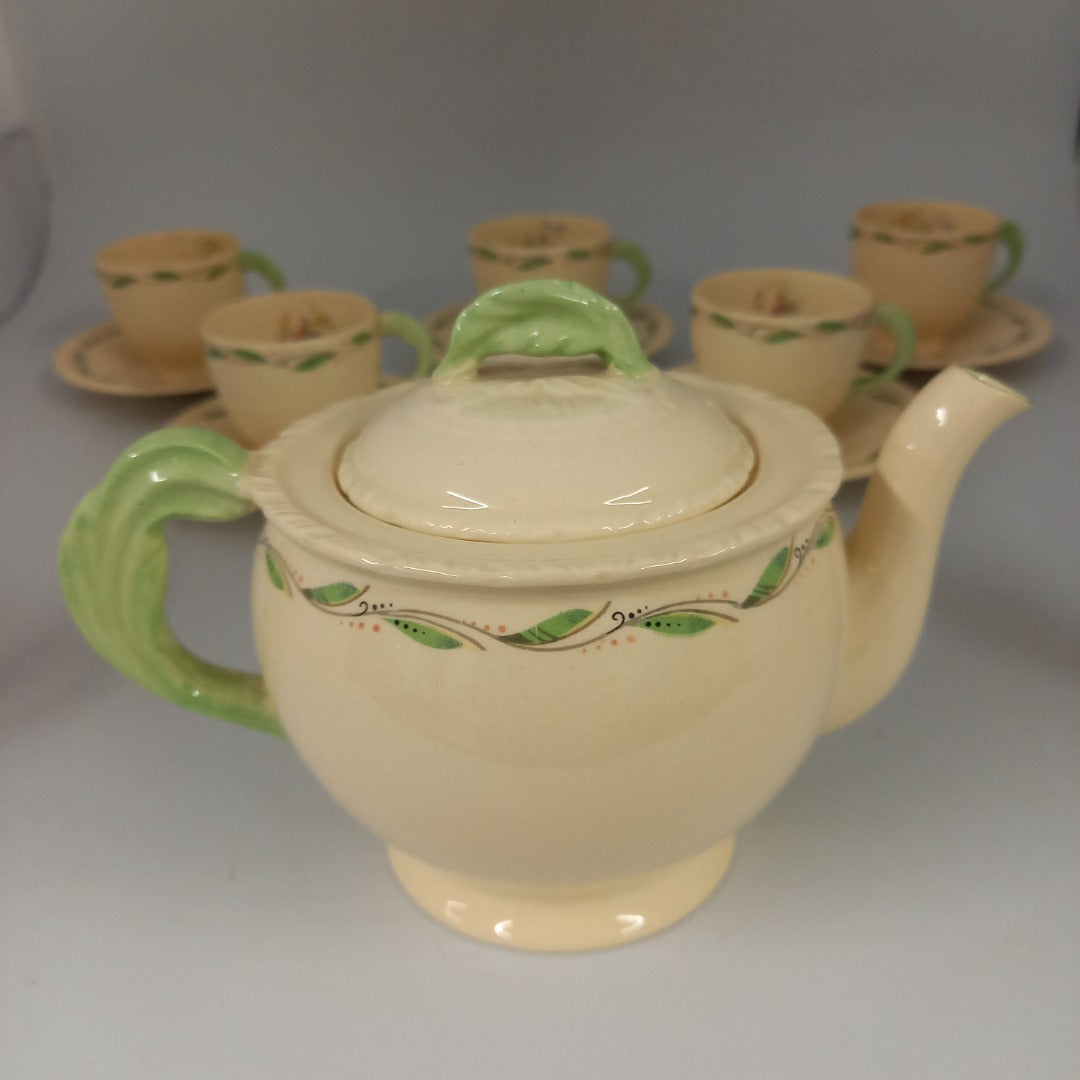 New Hall-Ceramic Tea Set-Romney-Pink Tulip-Tea Pot/Milk/Sugar/5 Cups & Saucers