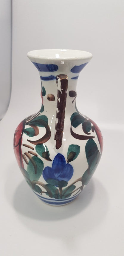 Vintage. Floral Majolica 2 Handled Colourful Vase GC