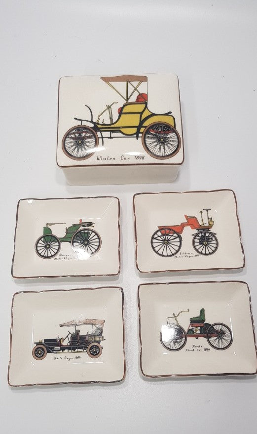 Sandland Hanley Staffordshire Trinket Dish with Winton Car 1898 & 4 Plates VGC