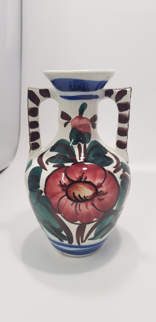 Vintage. Floral Majolica 2 Handled Colourful Vase GC