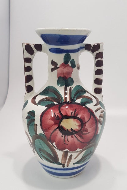 Vintage. Floral Majolica 2 Handled Colourful Vase GC