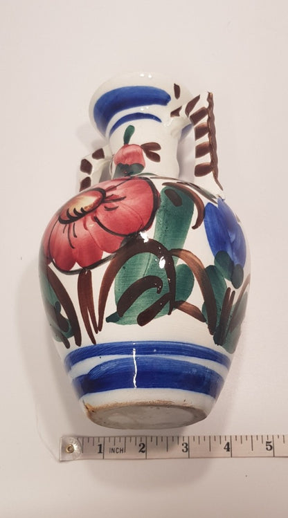 Vintage. Floral Majolica 2 Handled Colourful Vase GC