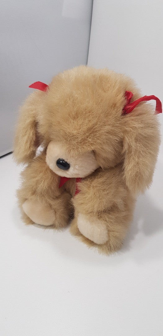 Vintage. PMS Soft Toy Dog with Red Bow & Ribbons. VGC