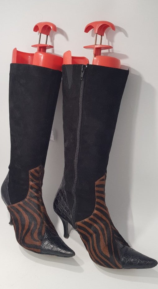 Black Suede & Animal Print, High Heeled Leather Boots Size 4/37 GC