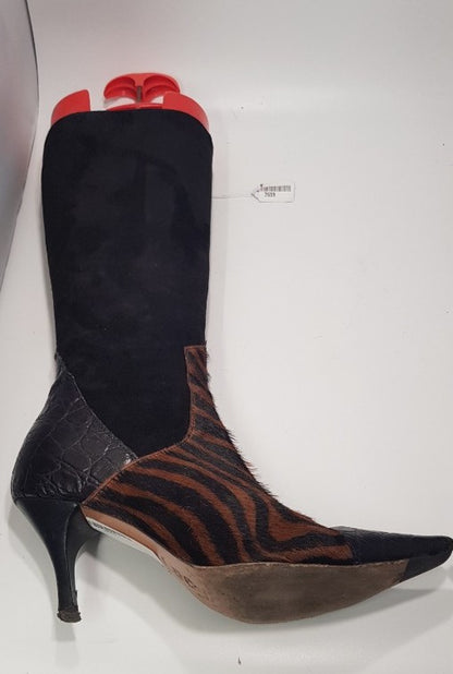 Black Suede & Animal Print, High Heeled Leather Boots Size 4/37 GC