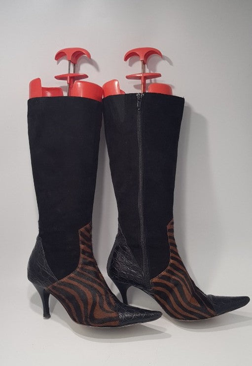 Black Suede & Animal Print, High Heeled Leather Boots Size 4/37 GC