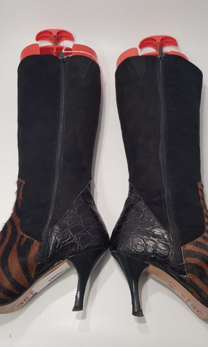 Black Suede & Animal Print, High Heeled Leather Boots Size 4/37 GC