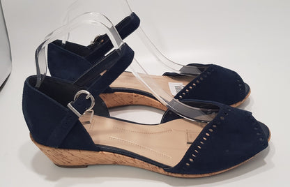 M&S Navy Suede Wedge Sandals with Ankle Straps Size 6.5  *New*