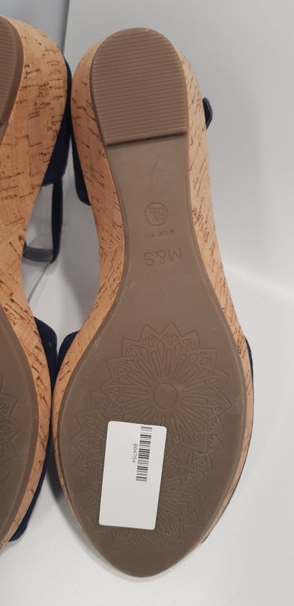 M&S Navy Suede Wedge Sandals with Ankle Straps Size 6.5  *New*