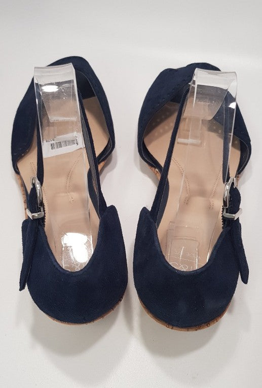 M&S Navy Suede Wedge Sandals with Ankle Straps Size 6.5  *New*