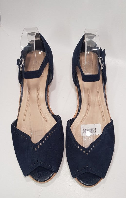M&S Navy Suede Wedge Sandals with Ankle Straps Size 6.5  *New*