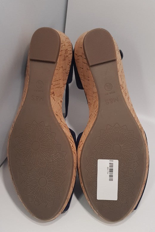 M&S Navy Suede Wedge Sandals with Ankle Straps Size 6.5  *New*