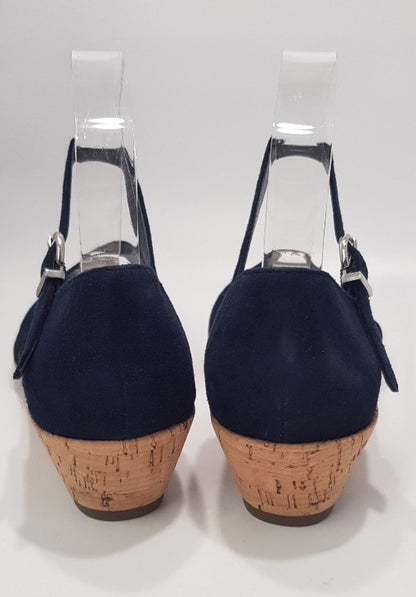 M&S Navy Suede Wedge Sandals with Ankle Straps Size 6.5  *New*