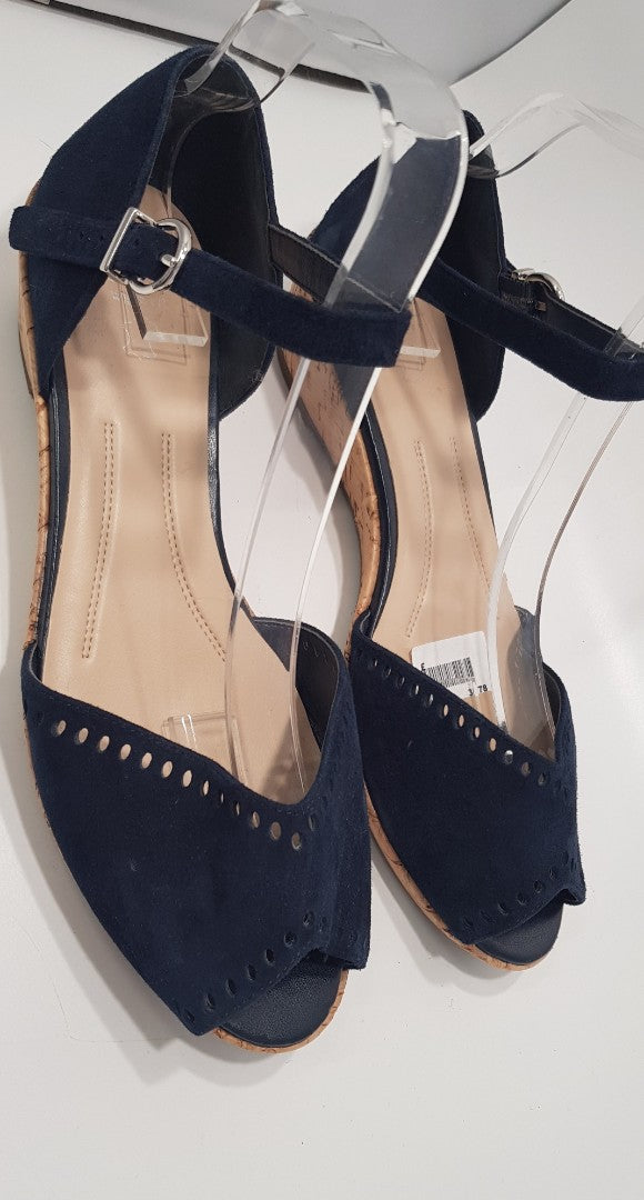 M&S Navy Suede Wedge Sandals with Ankle Straps Size 6.5  *New*