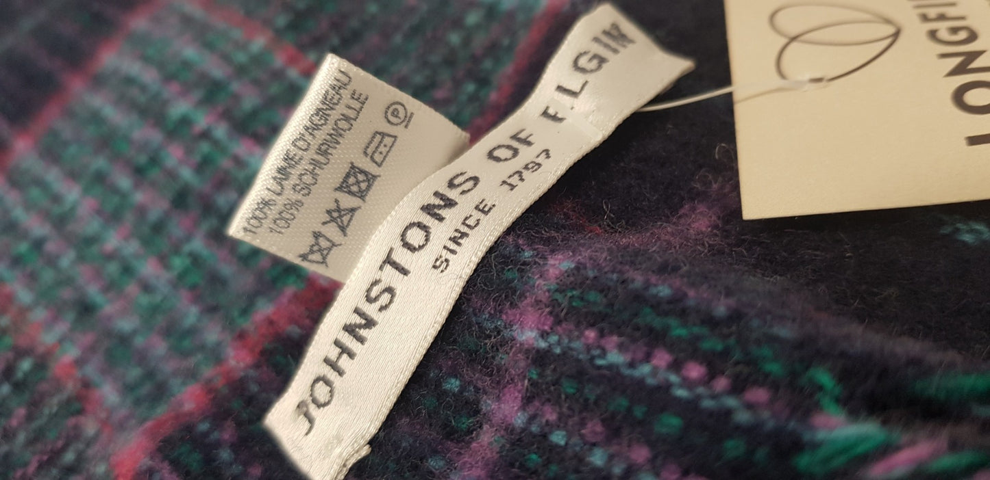 Johnstons of Elgin 100% Lambs wool Scarf Purple, Green & Navy. VGC