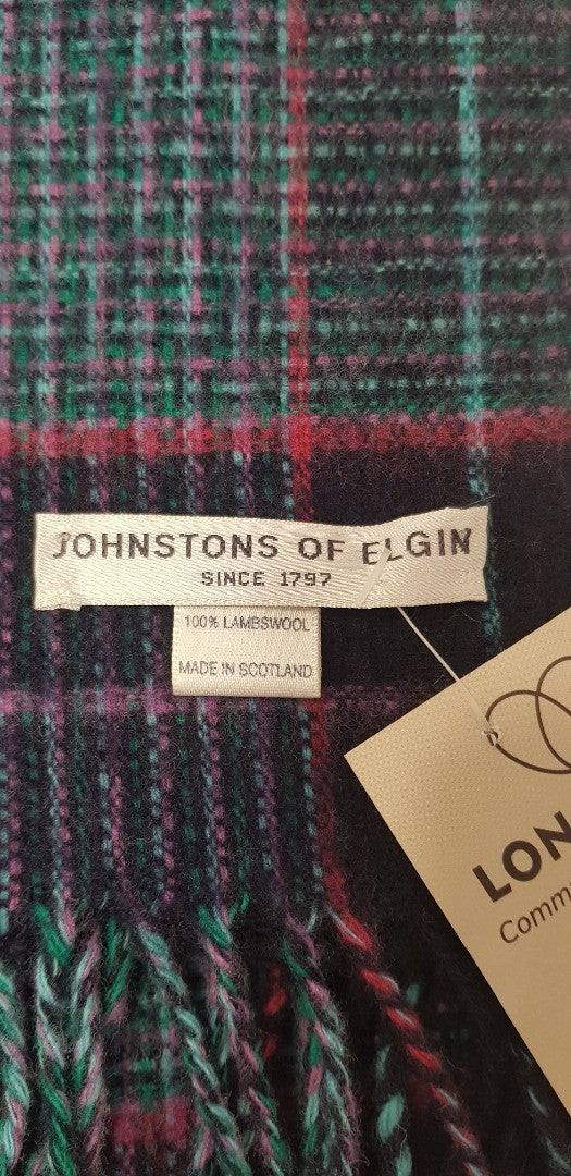 Johnstons of Elgin 100% Lambs wool Scarf Purple, Green & Navy. VGC