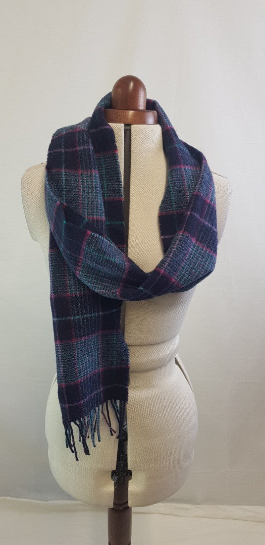 Johnstons of Elgin 100% Lambs wool Scarf Purple, Green & Navy. VGC