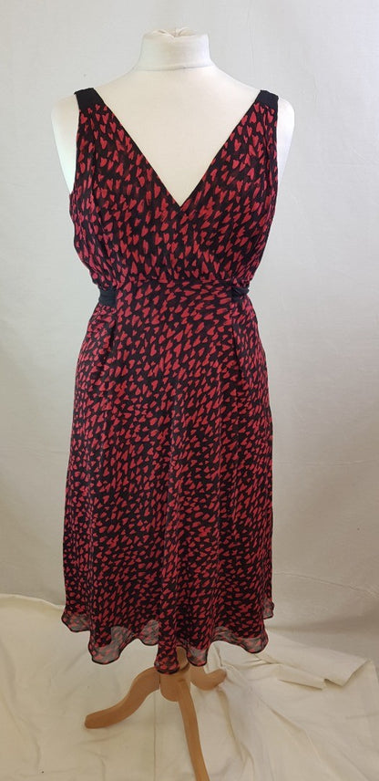 Hobbs Black & Red Sleeveless Heart Design Dress, Size 14 VGC