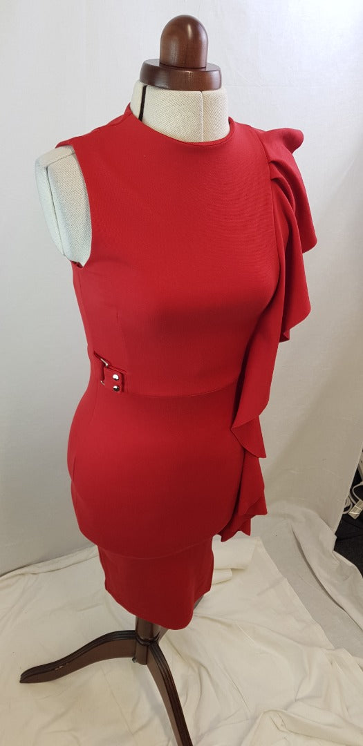 Lipsy. Red Stretchy, Ruffled, Highneck Dress Size 10 BNWT