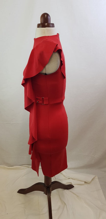 Lipsy. Red Stretchy, Ruffled, Highneck Dress Size 10 BNWT