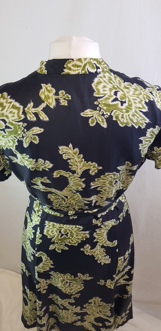East 100% Silk Black & Green Belted Summer Dress Size 14 GC