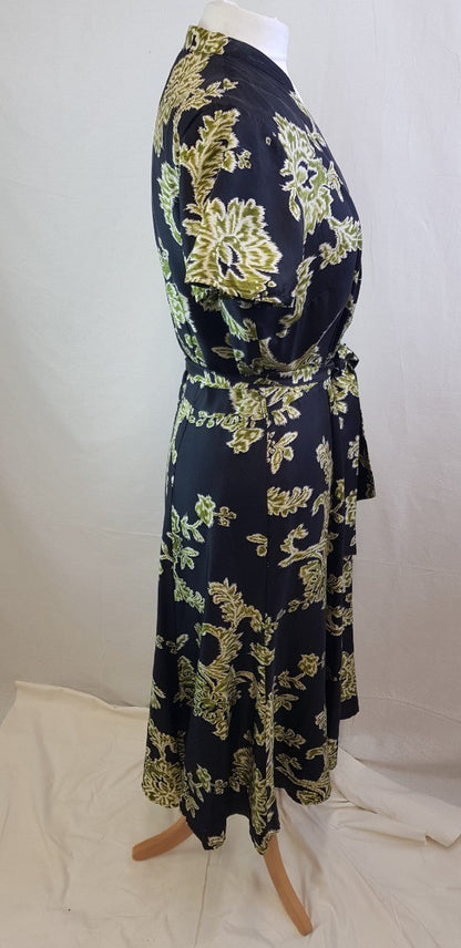 East 100% Silk Black & Green Belted Summer Dress Size 14 GC
