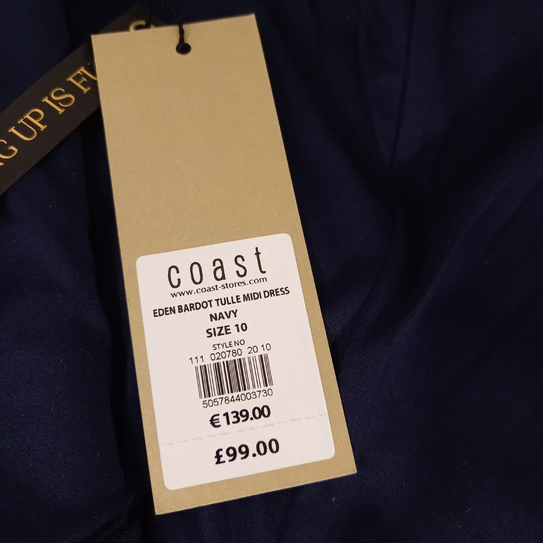 COAST Eden Bardot Tulle French Navy Midi Dress UK Size 10 BNWT