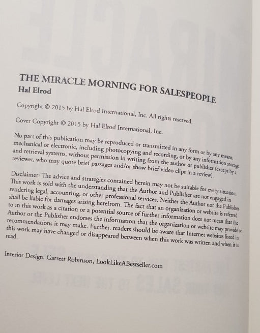 The Miracle Morning for Salespeople By Hal Elrod & Ryan Snow. VGC