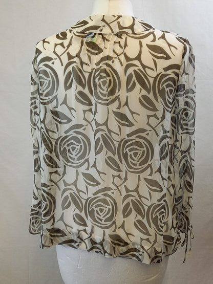 Paul Costelloe Dressage Semi Sheer White & Grey Silk Floral Blouse - Size 2