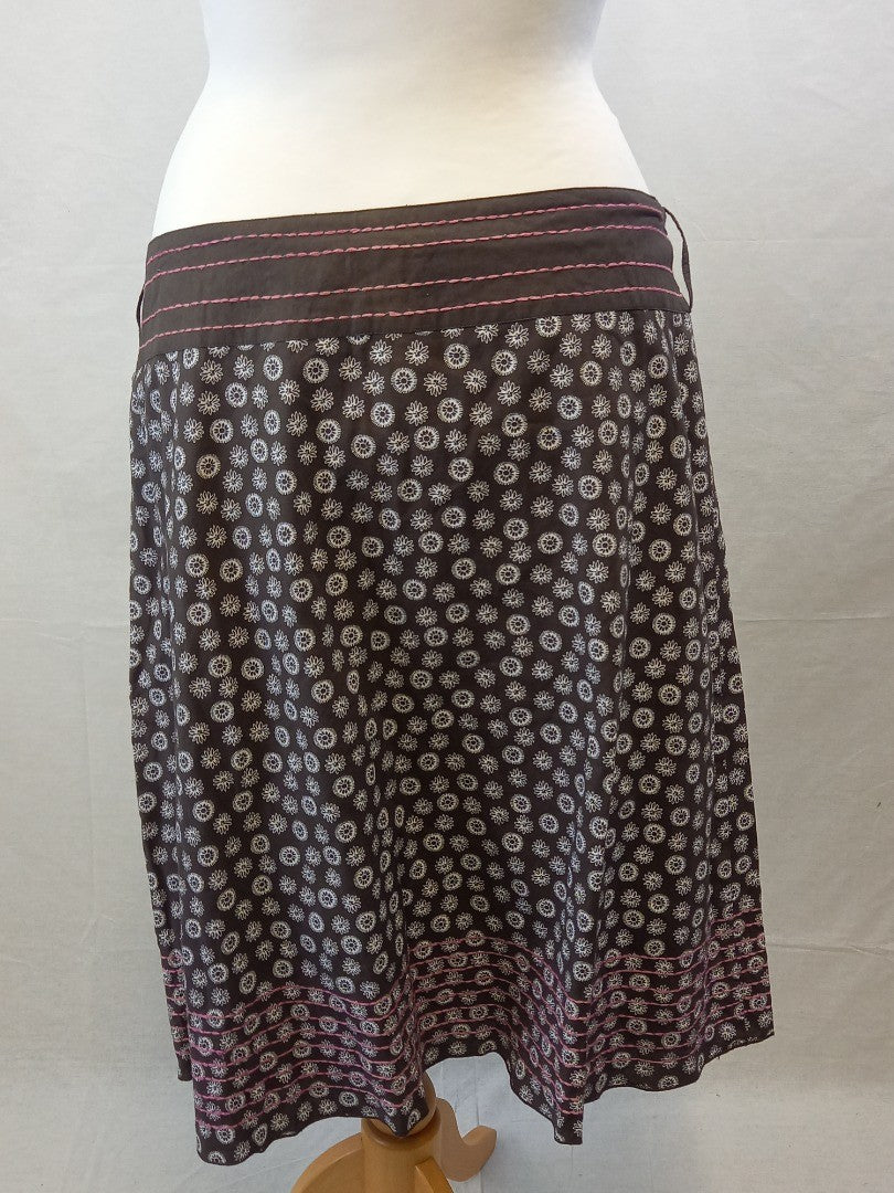 Mistral Brown Contrast Pink Stitch Floral Cotton Skirt - Size UK 18