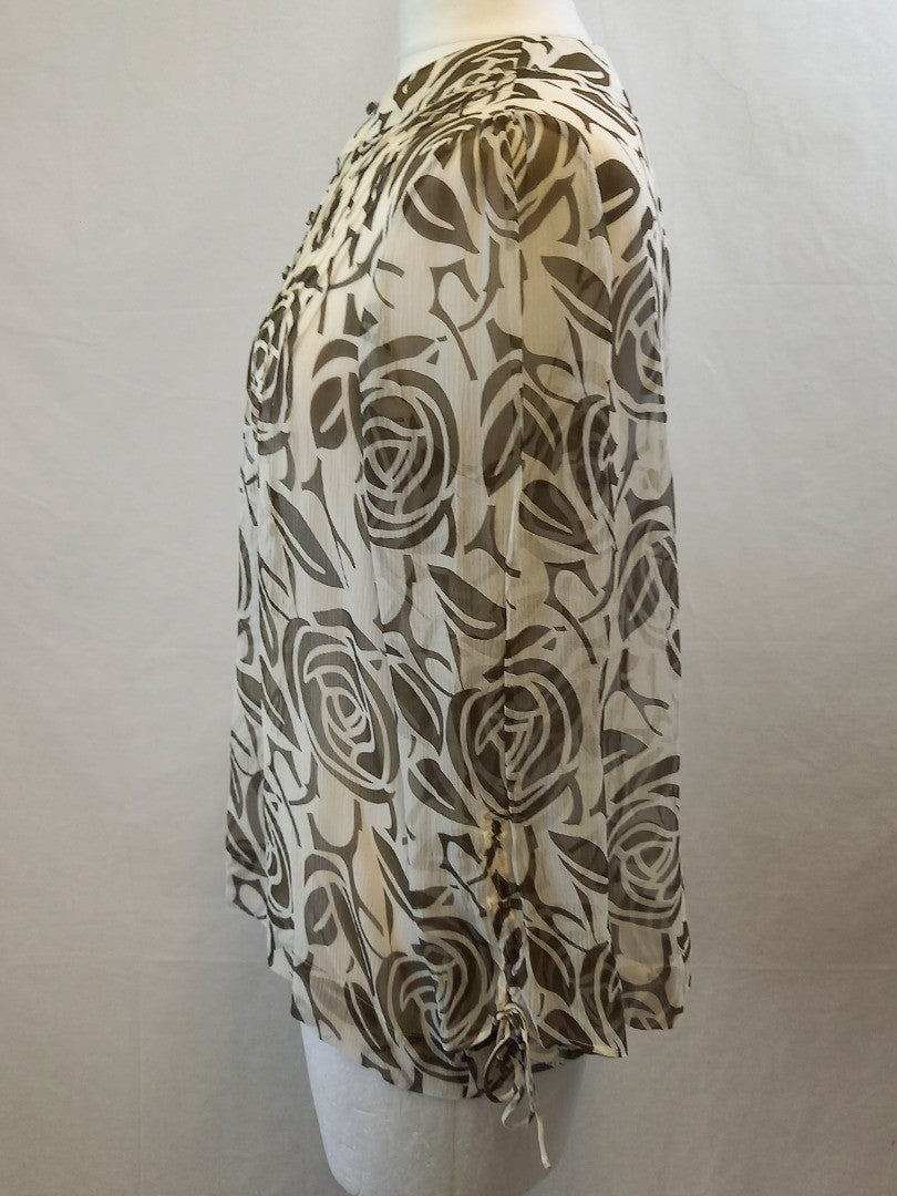 Paul Costelloe Dressage Semi Sheer White & Grey Silk Floral Blouse - Size 2