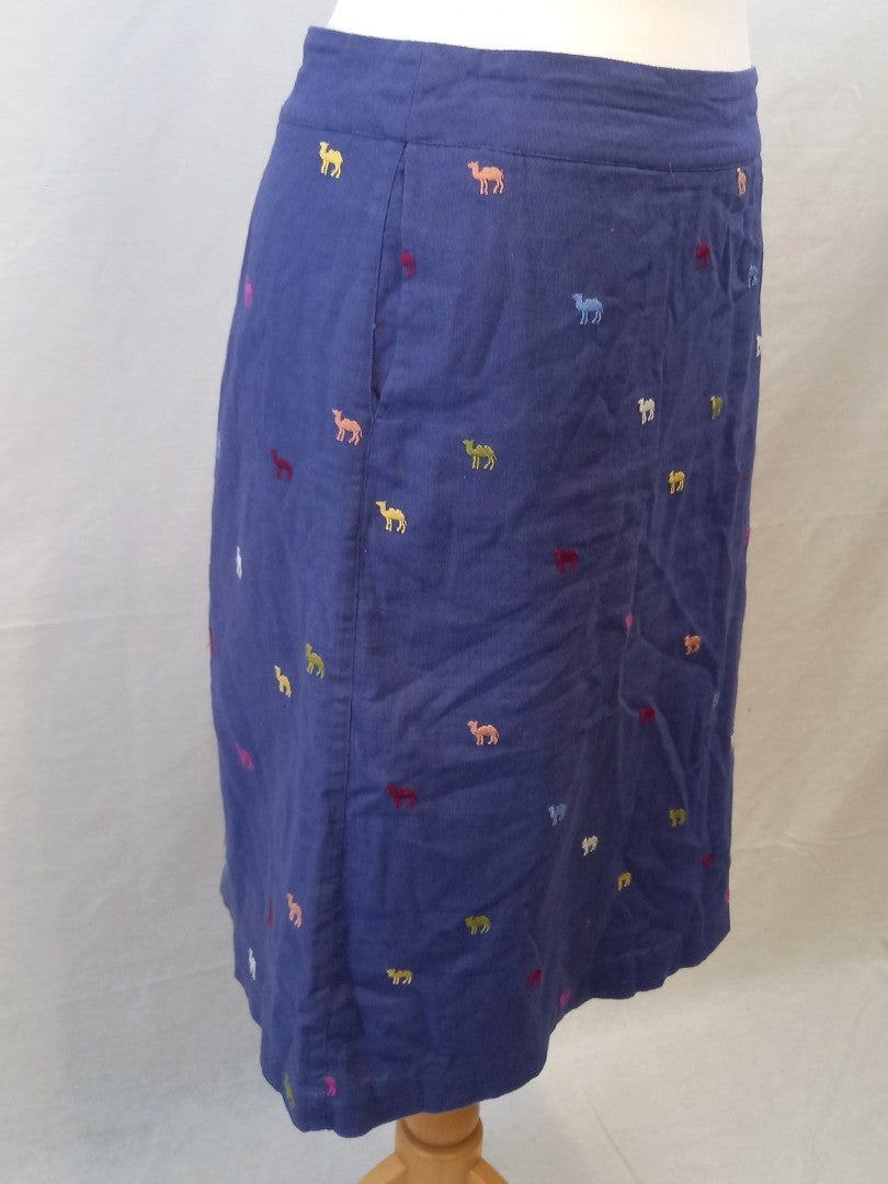 White Stuff Blue Cotton/Linen Blend Embroidered Camels Skirt - Size UK 12