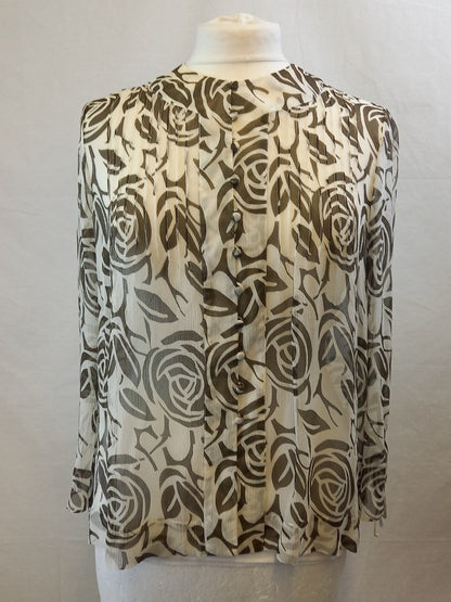 Paul Costelloe Dressage Semi Sheer White & Grey Silk Floral Blouse - Size 2