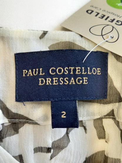 Paul Costelloe Dressage Semi Sheer White & Grey Silk Floral Blouse - Size 2