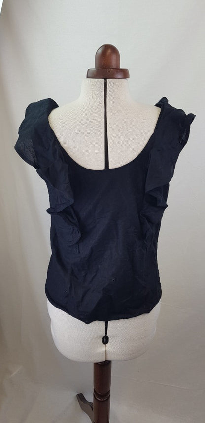 Karen Millen Linen & Cotton Black Sleeveless Summer Top With Ruffles Size 8