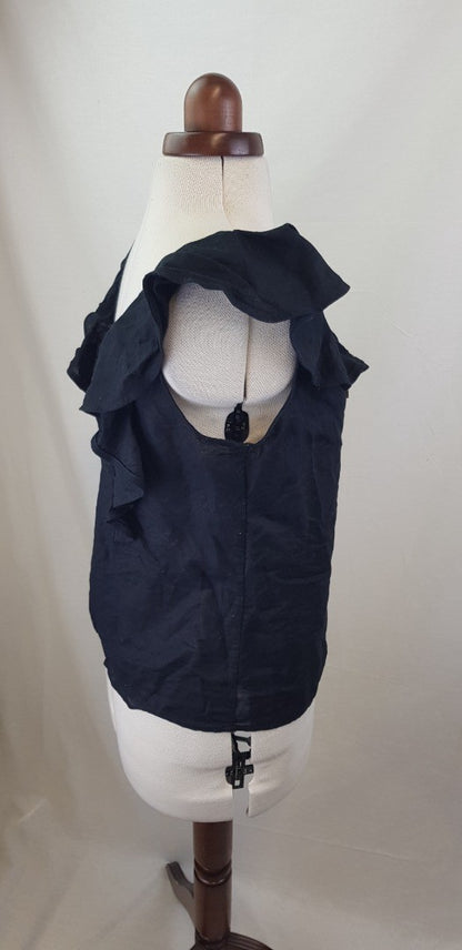 Karen Millen Linen & Cotton Black Sleeveless Summer Top With Ruffles Size 8