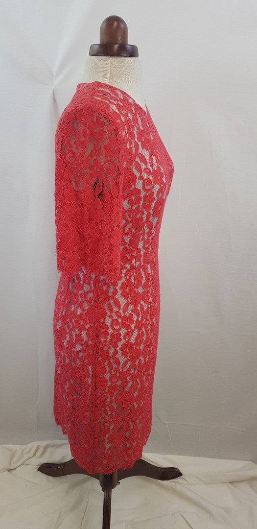 L K Bennett Deep Pink Lace Overlay Detail Dress Size 12 VGC