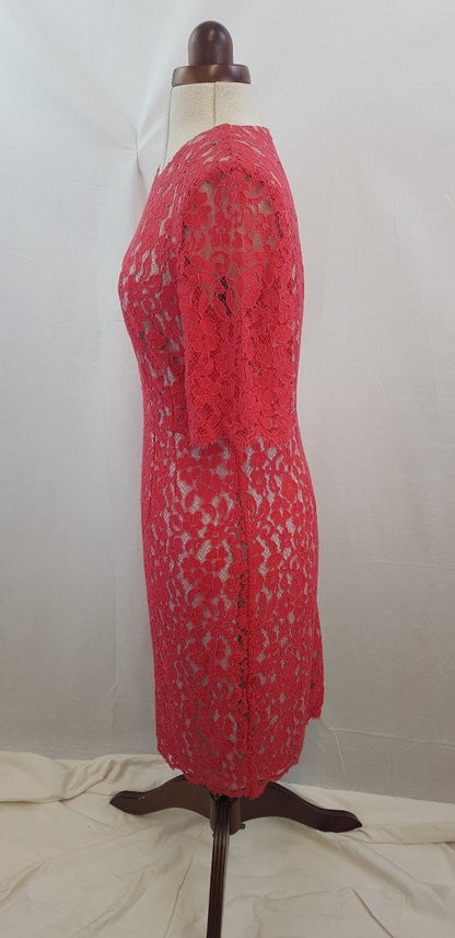 L K Bennett Deep Pink Lace Overlay Detail Dress Size 12 VGC