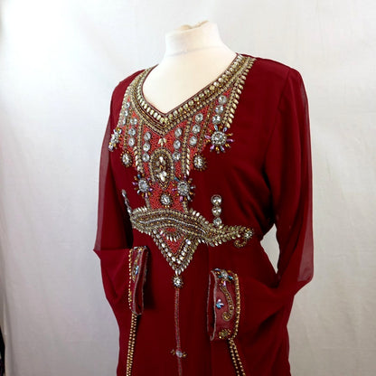 Beaded Full Length Red Dress with Long Sleeves - UK Size L