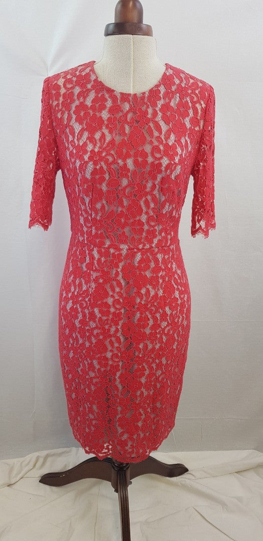 L K Bennett Deep Pink Lace Overlay Detail Dress Size 12 VGC