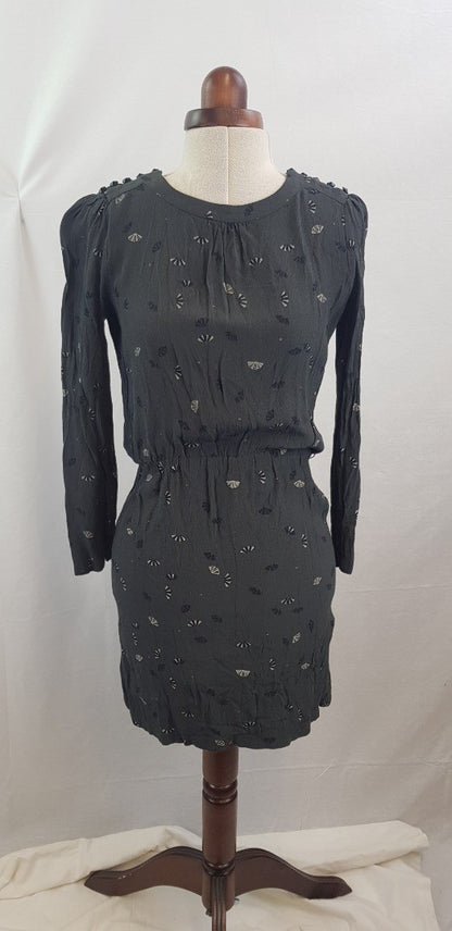 Sessun Deep Green Dress with Fan Design & Buttons on Shoulders Size S VGC