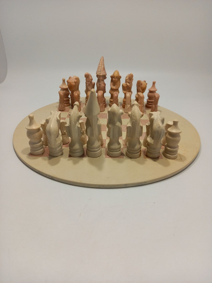 Chess Set African Soapstone, Hand Carved Pink and Beige Stone Round Board