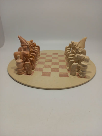 Chess Set African Soapstone, Hand Carved Pink and Beige Stone Round Board