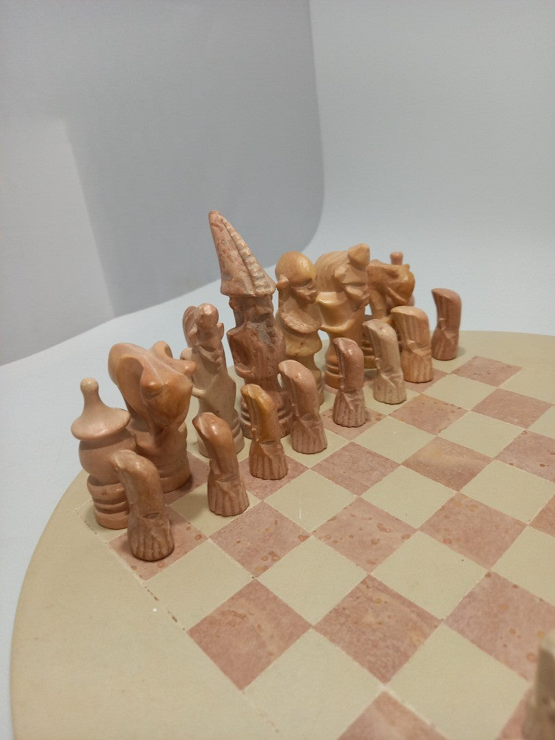 Chess Set African Soapstone, Hand Carved Pink and Beige Stone Round Board